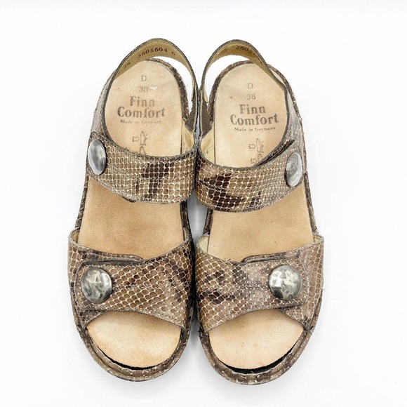 Finn Comfort Sandal Brown Snakeskin Adjustable Alanya Slingback Wedge - Picture 2 of 12